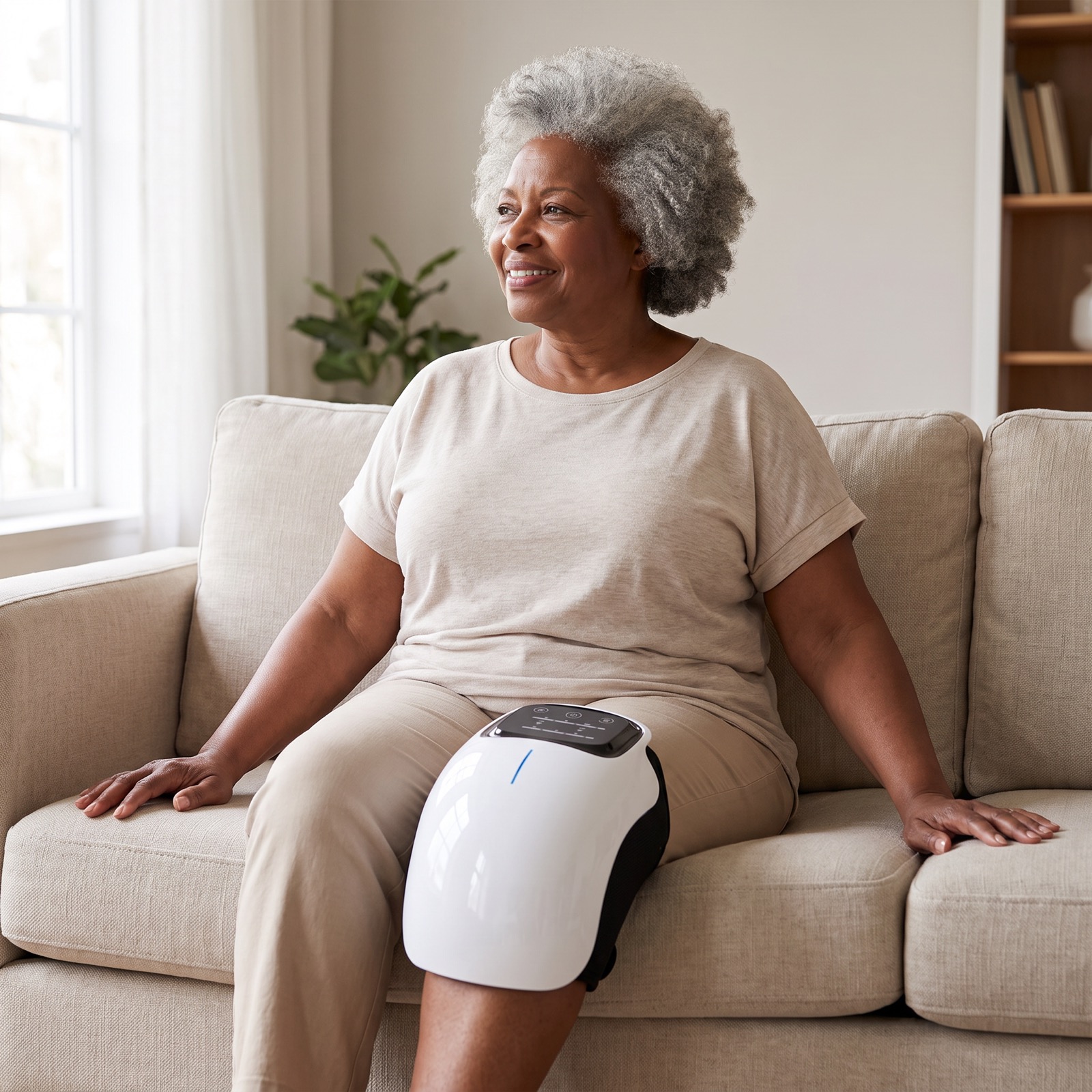 Woman using the RedGlow Recovery cordless knee massager on the couch