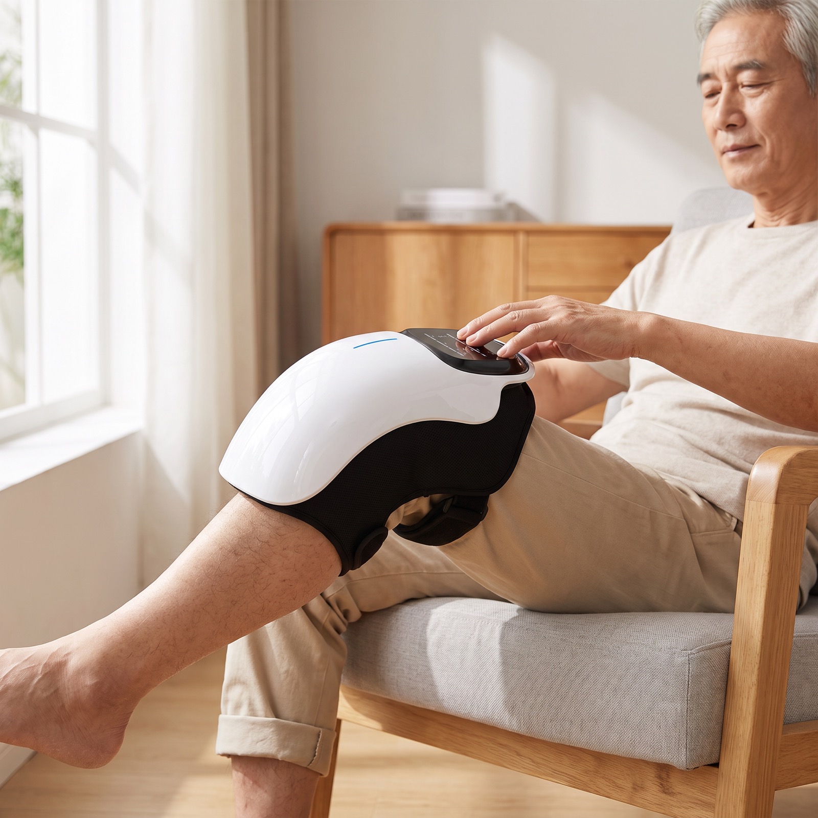 Man adjusting the RedGlow Recovery knee massager during a home recovery session