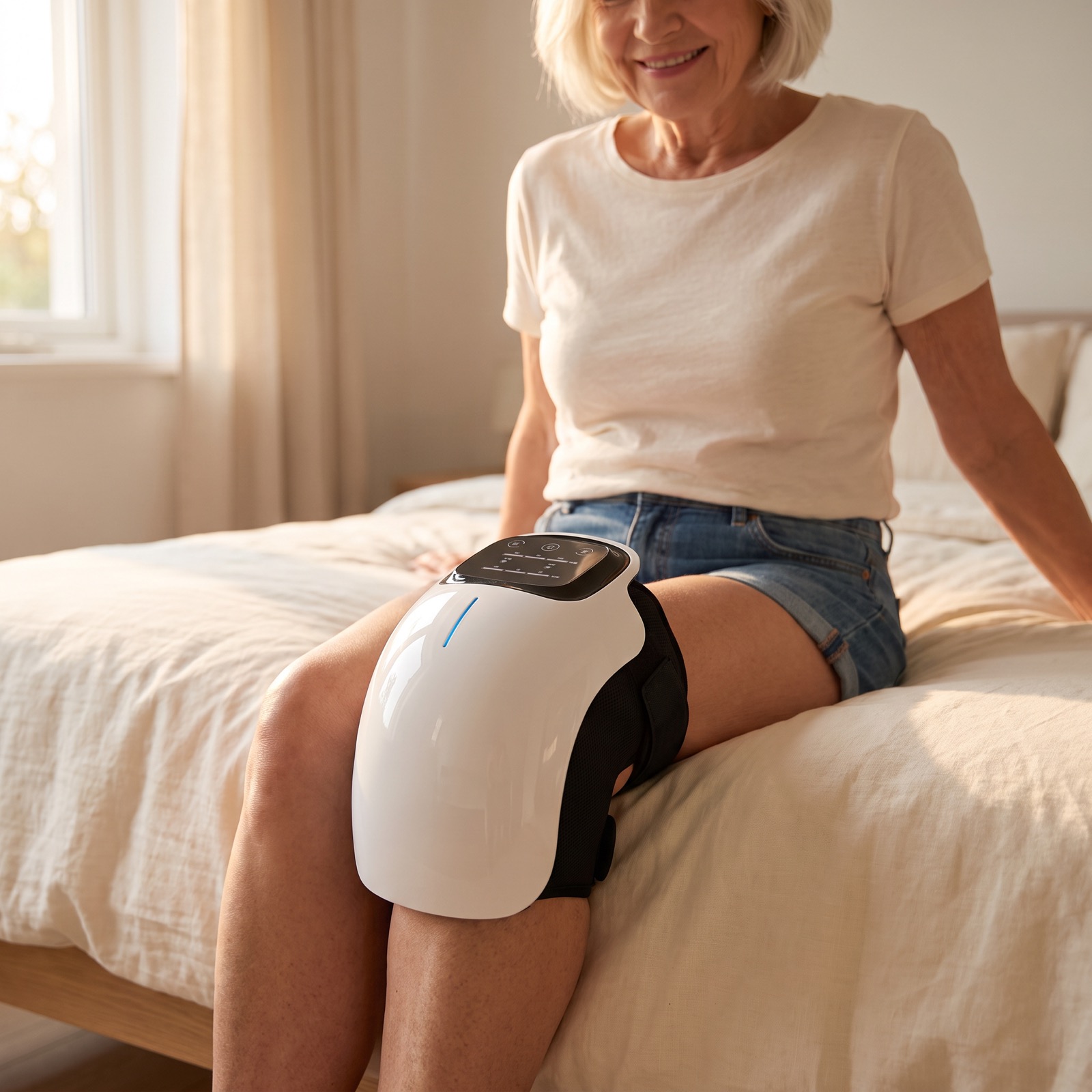 Woman wearing the RedGlow Recovery knee massager with heat and light modes on