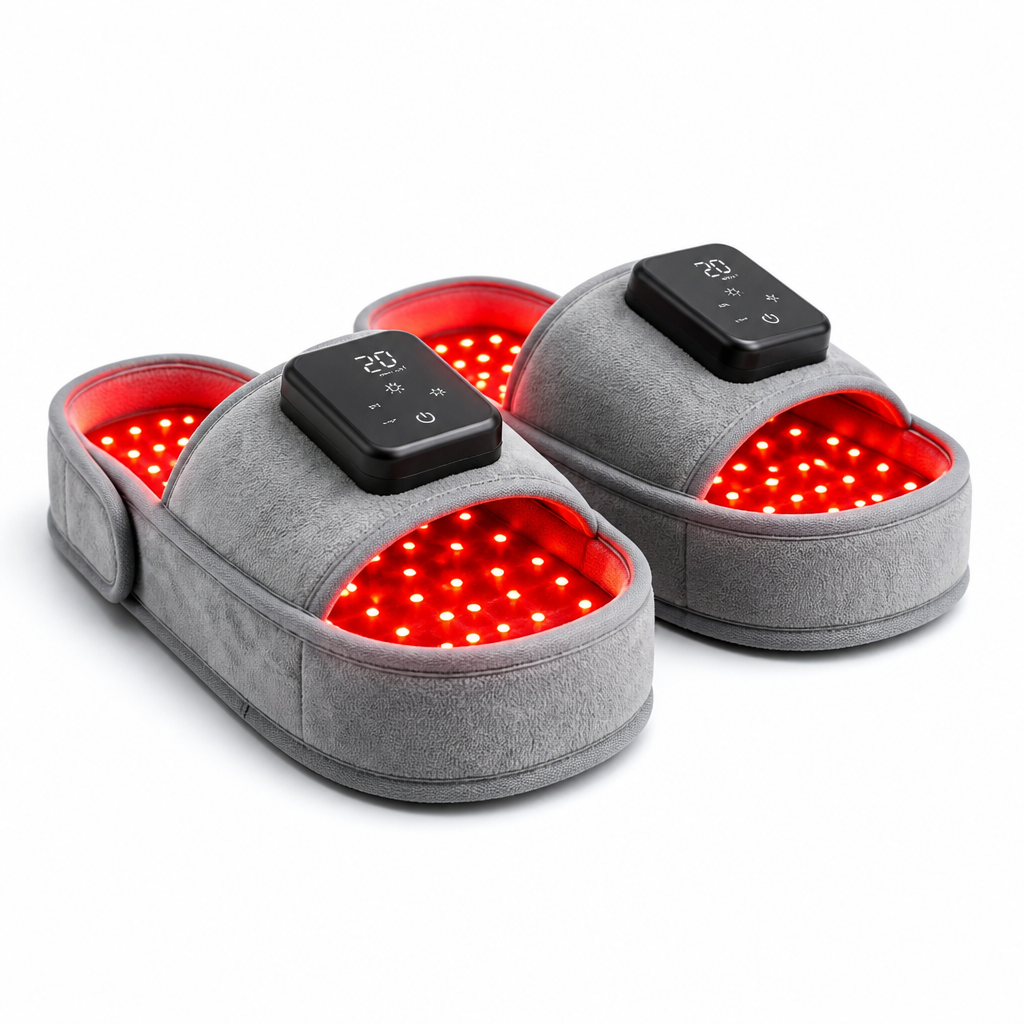Pair of red light foot recovery slippers on white background
