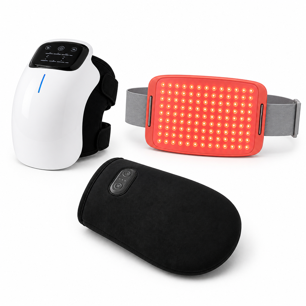 RedGlow Recovery Total Recovery Kit — knee, belt, and hand glove